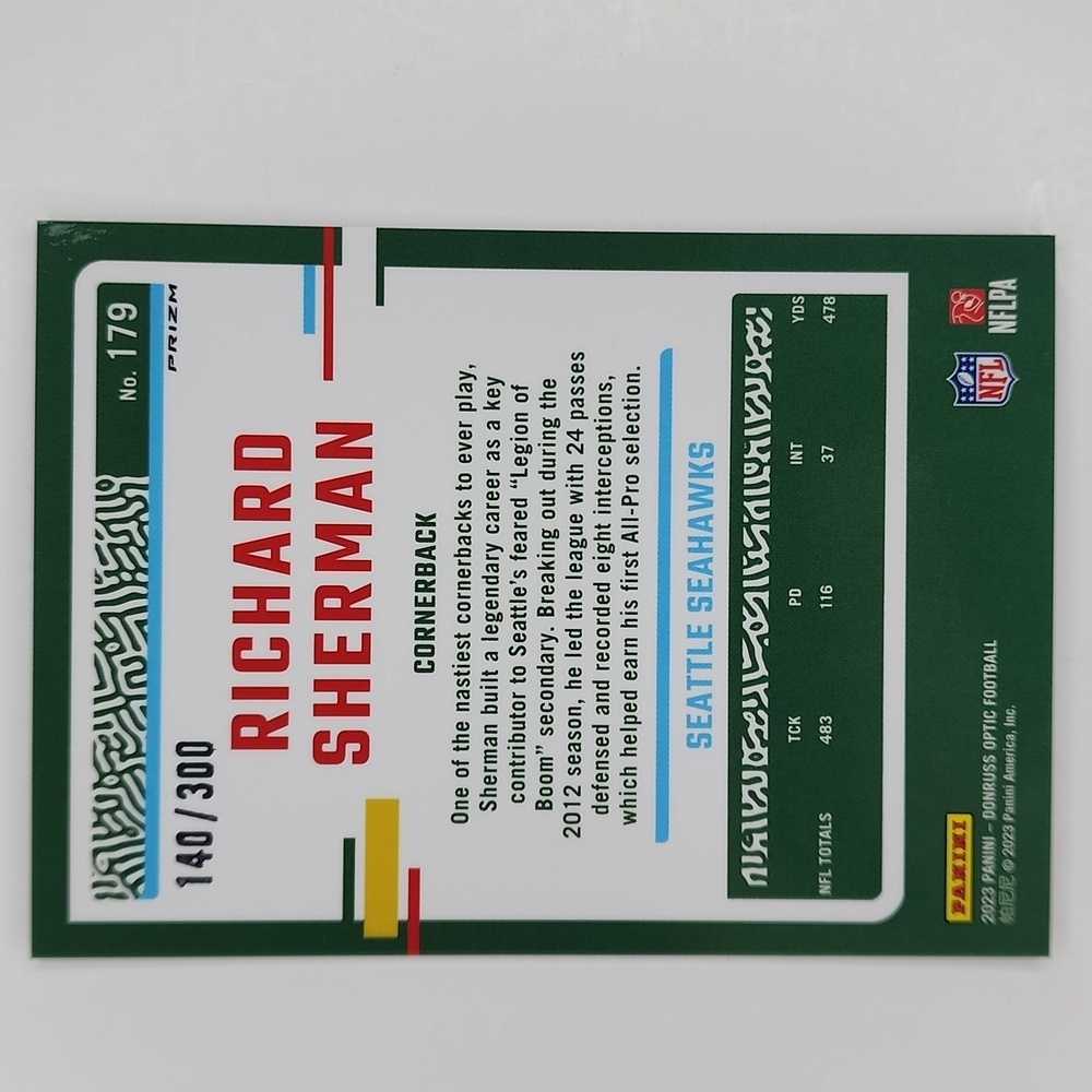 RICHARD SHERMAN ~ DONRUSS OPTIC ~ NUMBERED 140/300 ~ PANINI - Picture 5 of 5